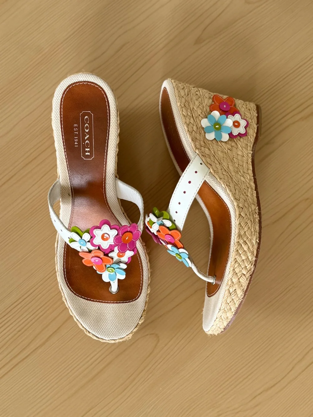 Rare Vintage Coach Wedges Floral Leather Appliqué Jesica Thong Platform Sandals